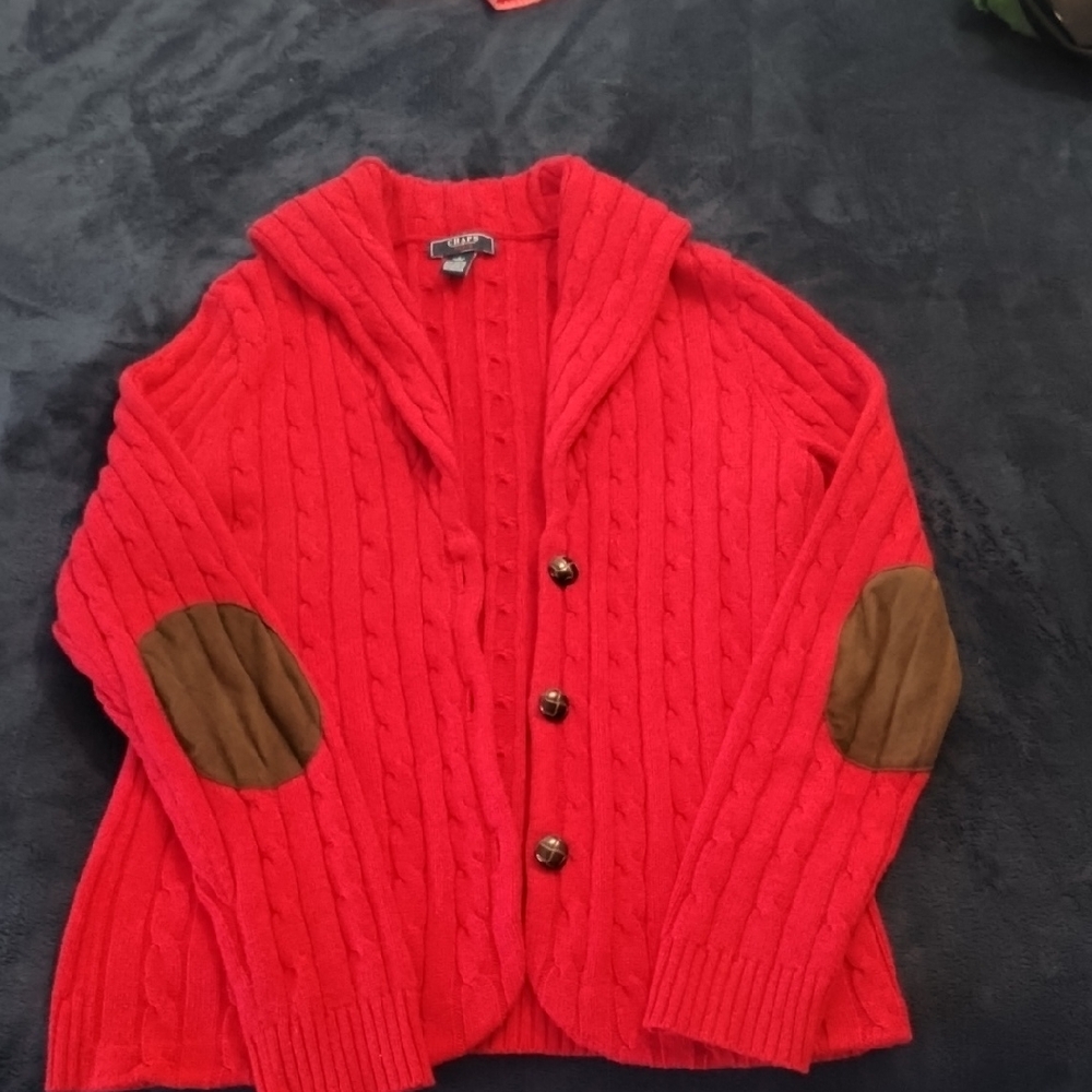 Chaps Red Cable Knit Cardigan with Brown Elbow Patches